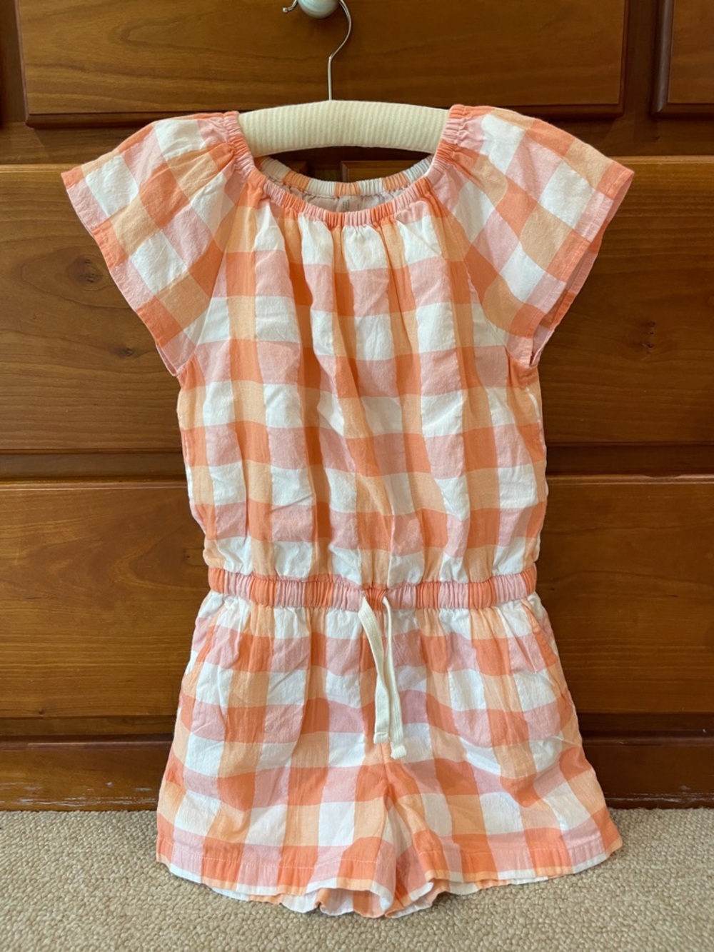 Kids Drawstring Romper in Gingham